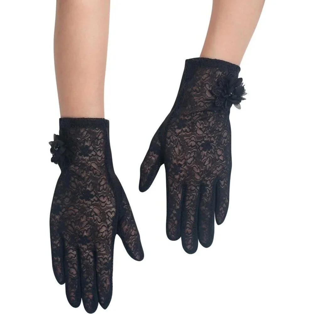 Women's Floral Black Short Lace Gloves Wedding Halloween Cosplay Party Prom